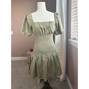 idem dito Olive Puff Sleeve Mini Dress Smocked Tie Back Square Neck Size S